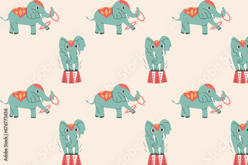 cute elephant with drum, ring seamless background