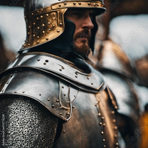 AI-generated illustration of a medieval knight wearing shiny armor with a helmet