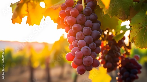 AI illustration of a sun-drenched vineyard with ripe bunches of grapes