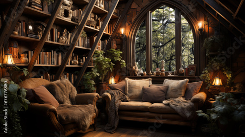 Enchanted Library Nook: A cozy reading nook in a library with soft lighting, plush chairs, and overflowing bookshelves