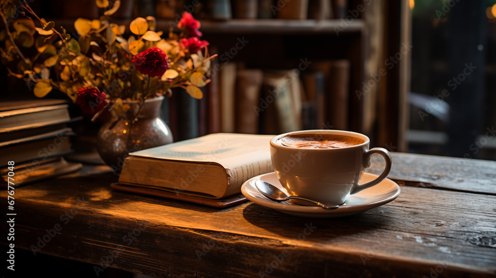 Book and Coffee Moment: A visually appealing composition of an open book beside a steaming cup of coffee on a rustic table
