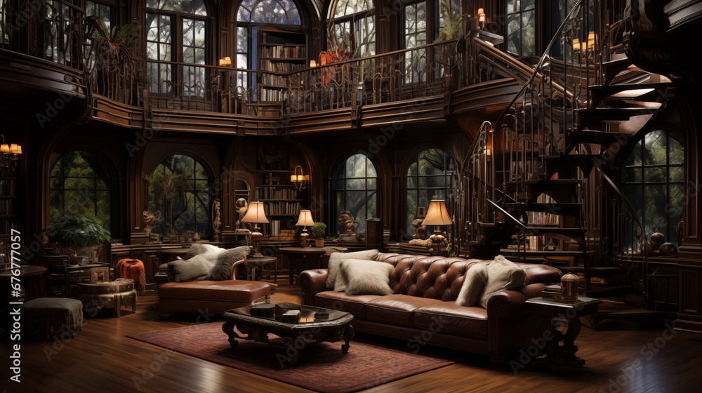 Majestic Home Library: A grand home library with a spiral staircase, high ceilings, and rich mahogany bookshelves Majestic Home Library: A grand home library with a spiral staircase, high ceilings, and rich mahogany bookshelves