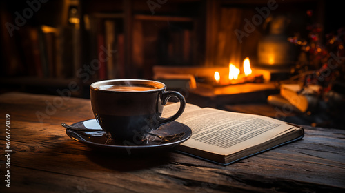 Book and Coffee Moment: A visually appealing composition of an open book beside a steaming cup of coffee on a rustic table