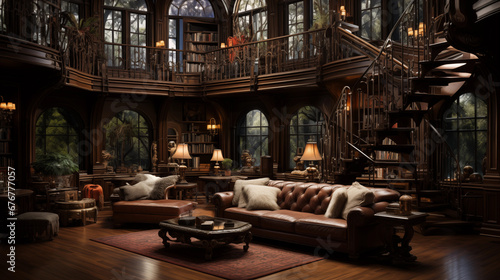 Majestic Home Library: A grand home library with a spiral staircase, high ceilings, and rich mahogany bookshelves