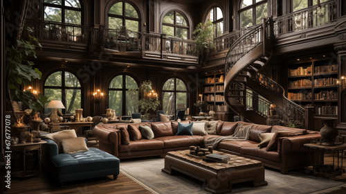 Majestic Home Library: A grand home library with a spiral staircase, high ceilings, and rich mahogany bookshelves