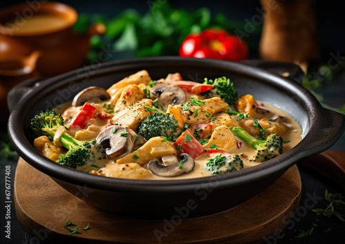 Appetizing dish with chicken, broccoli, mushrooms, and peppers in a creamy sauce, served in a black skillet on a wooden stand, against a dark background with vegetables and greens. 