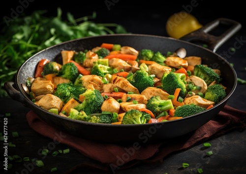 Bright stir-fry with chicken, broccoli, carrots, and onions on a wooden table, garnished with green. Winter food concept.