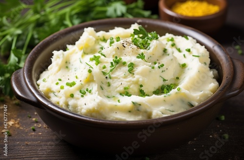 Mashed potatoes in a clay bowl, garnished with green onions and pepper, against a background of greens and a wooden countertop. Winter food concept.