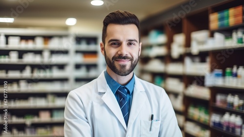 Concept - work in a pharmacy  pharmacist
