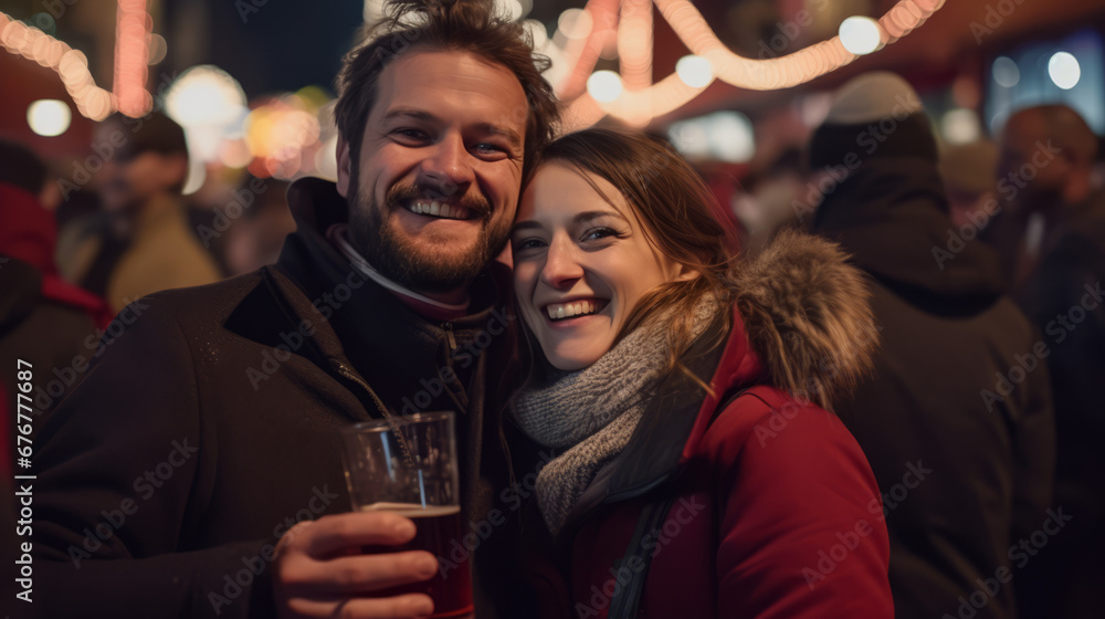 Man and woman couple in a crowd with drinks at a Christmas market. Man and woman couple in a crowd with drinks at a Christmas market.