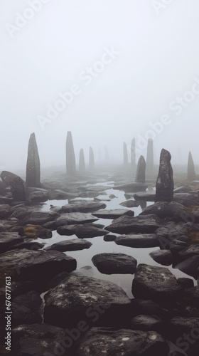 rocks in the fog