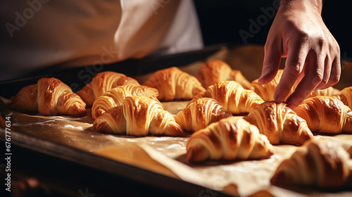 French baker taking golden croissants out of the oven. photo