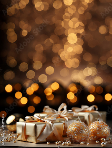 Golden Christmas ornaments with a Christmas gift as the backdrop.