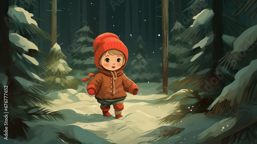 Drawing illustration, cute baby girl with red Christmas outfit in pine forest in winter, with falling snow.