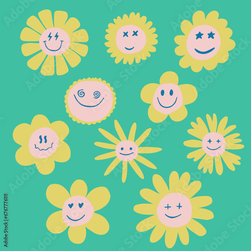 White chamomile flowers with smiling faces. Kind flowers isolated on pink background. Different faces and emotions. Vector illustration