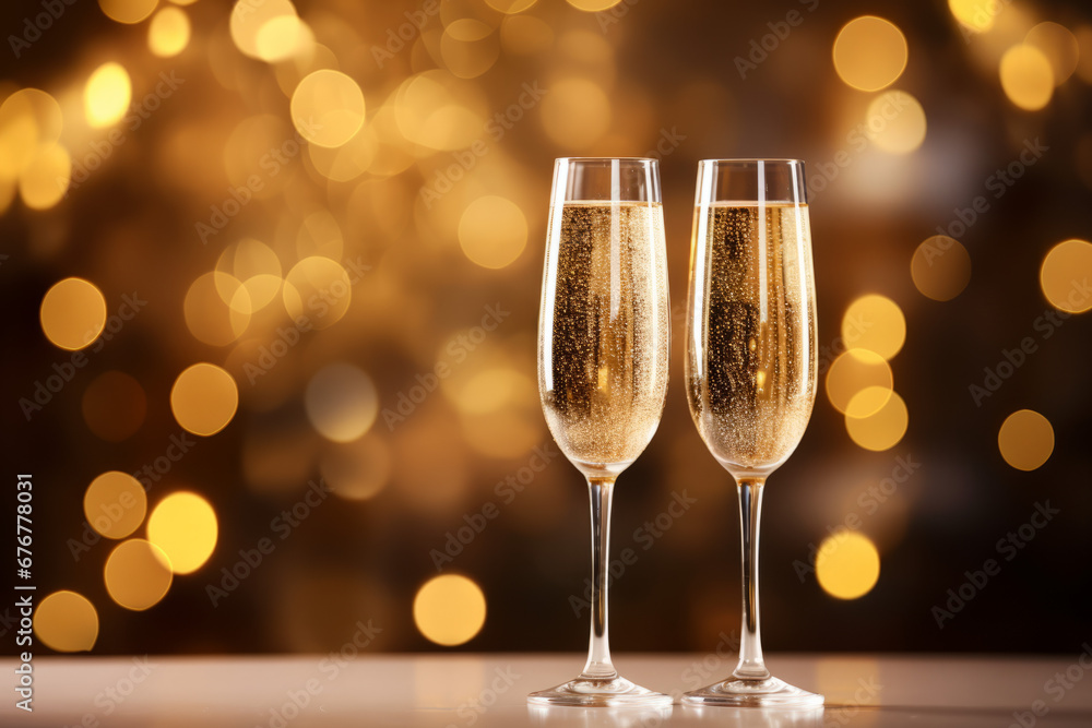 Two champagne flutes on a table with captivating lights in the background. Two champagne flutes on a table with captivating lights in the background.