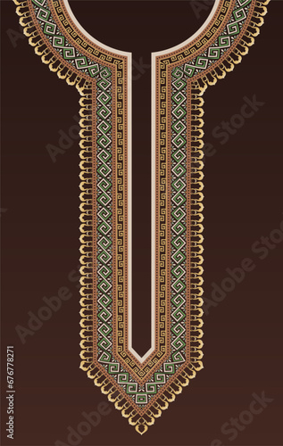 Neck embroidery decoration for the Indian kurta with ancient Greek fret motifs. The colorful repeating geometrical neckline pattern on a gradient brown background.