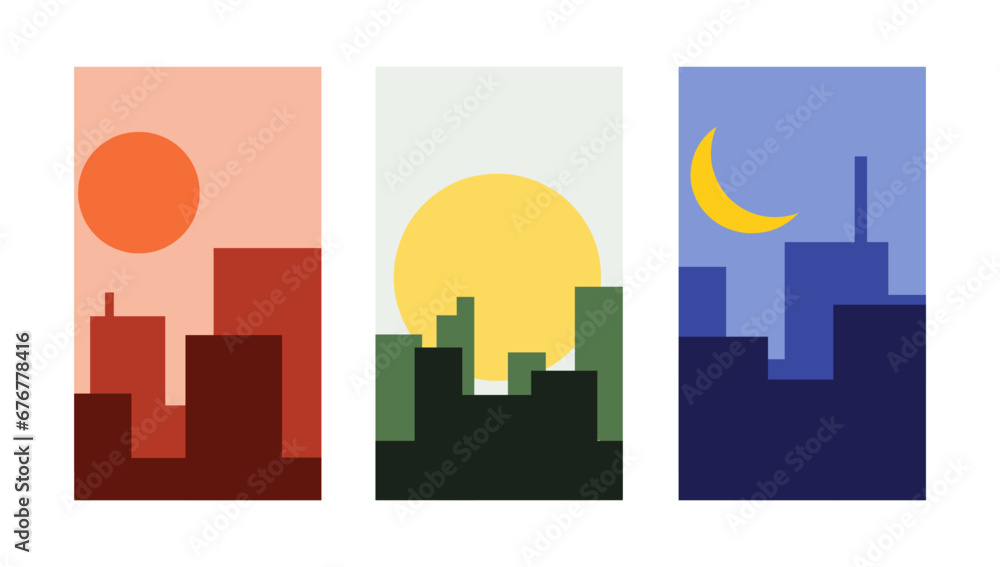Modern minimalist design, Set of urban city backgrounds for banners, flyers, greeting cards, posters and advertisements. Vector cartoon flat illustration. city silhouette sun and moon