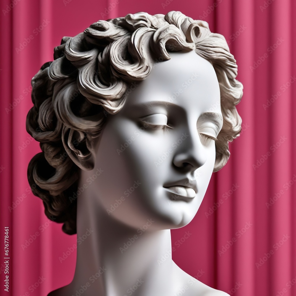 antique statue of a female head on a pink background. beauty of face and hair. antique statue of a female head on a pink background. beauty of face and hair.