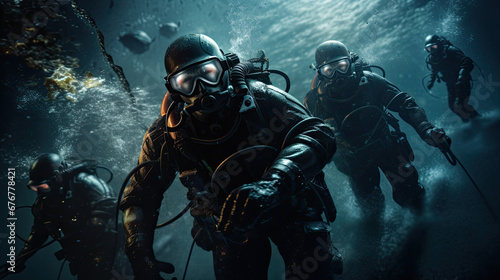 scuba divers in the military operation at night photo