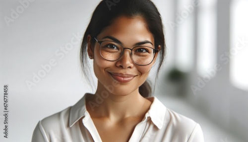 Smiling Woman with Glasses Using Phone in Bright Cafe