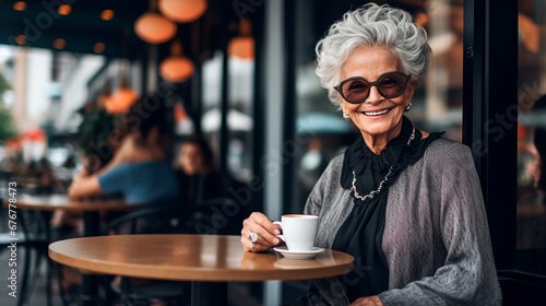 smily elderly woman drinking coffee  photo