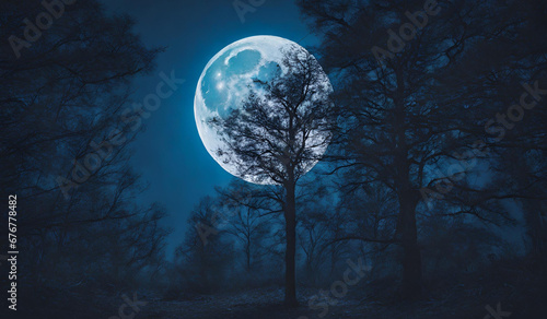Spooky night forest background with full moon, A night sky with a full moon and a gloomy woodland setting, Full Moon over a Mysterious Forest