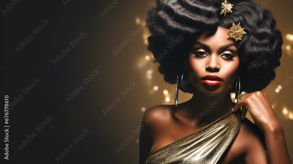 Fototapeta premium Portrait of an African-American dark-skinned young woman in a gold dress and hairstyle looking at the camera on a black background with copy space. concept of beauty, fashion and new year. Retro style
