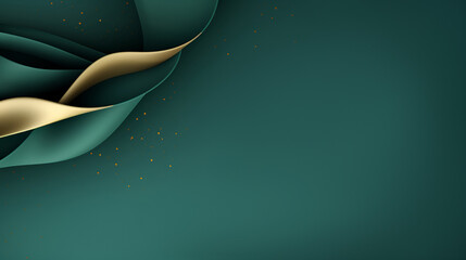 Christmas ornate emerald green and gold background with gold draperies and sparkles in the top corner, empty copy space for greeting text or advertisement. Сhristmas and new year background concept