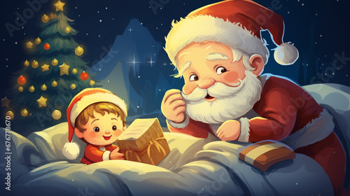 Illustration of Santa Claus telling a story and lulling a lovely baby to sleep on Christmas Eve. Winter scene.