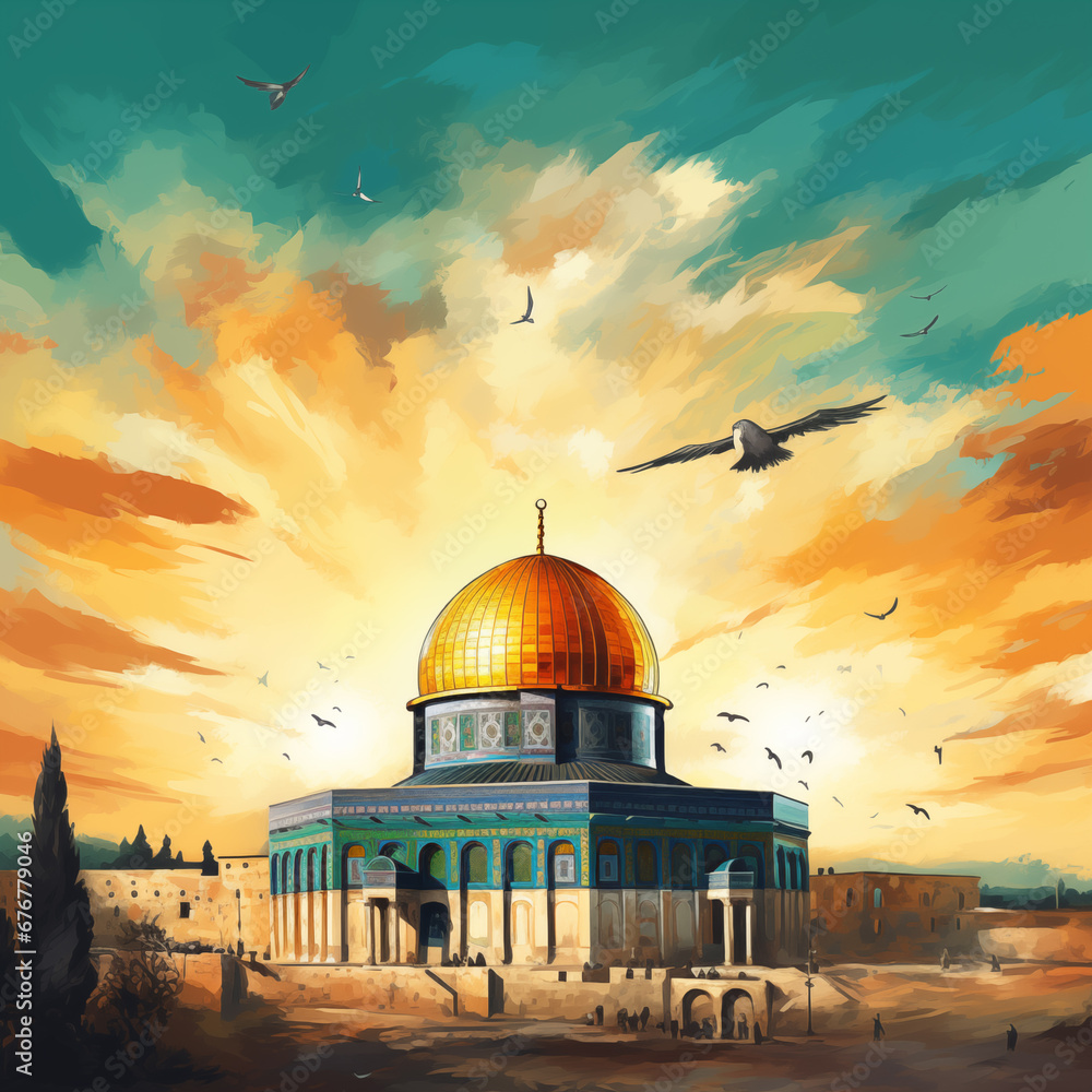 Oil painting of the Dome of the Rock Mosque in Jerusalem