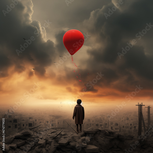 A child contemplates the destruction of his city with a red balloon flying in the sky