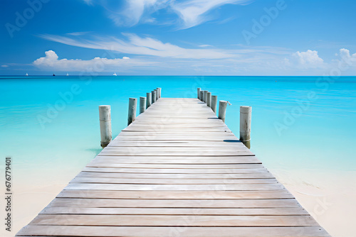 Vacation on a deserted island in the tropics, wooden jetty