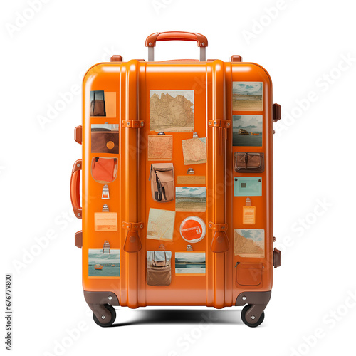 large orange suitcase with stickers