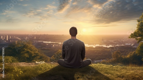 Man meditating on a hill against view of the city at sunset. Ai generative