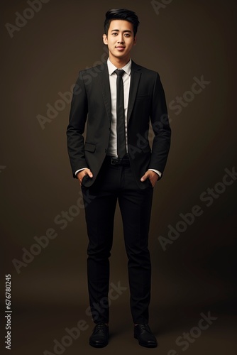 full length image of young asian businessman, single color background, generative ai