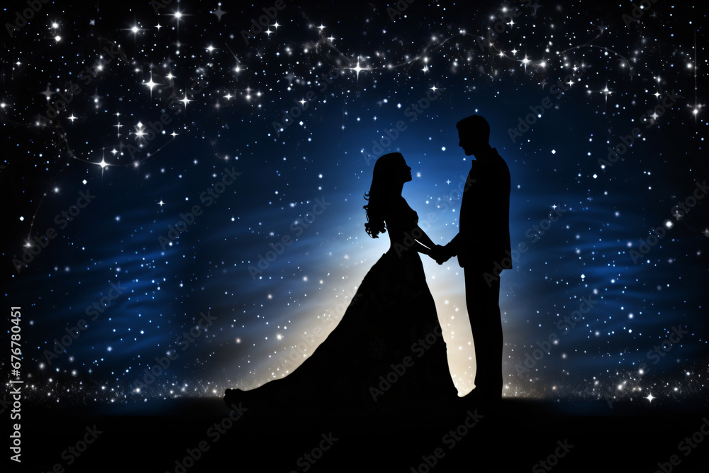 Whimsical Silhouette of wedding couple with starry night,christmas theme