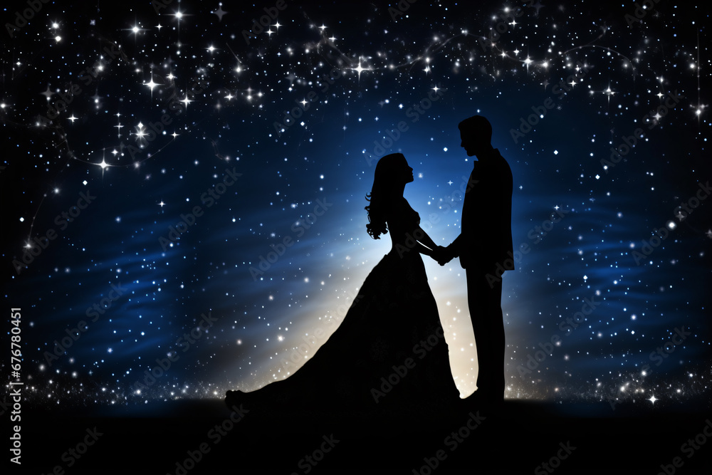 Whimsical Silhouette of wedding couple with starry night,christmas theme Whimsical Silhouette of wedding couple with starry night,christmas theme