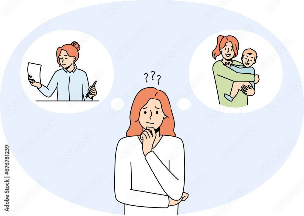 Confused woman choose between work and family Confused woman choose between work and family