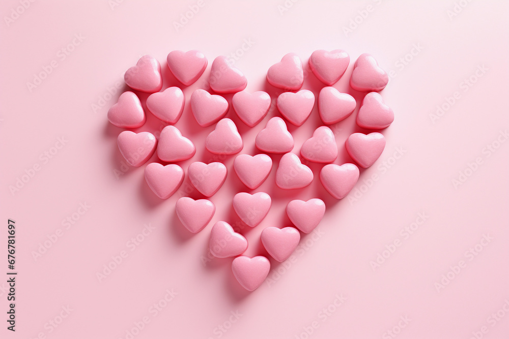 Pastel pink heart made of chocolate candies. Delicate background for Valentine's Day.
