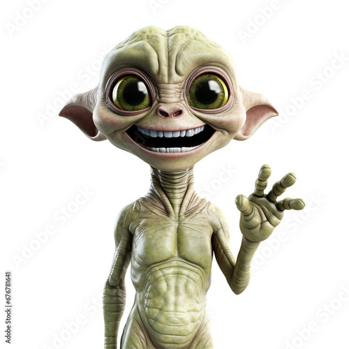 Alien smiling and waving greeting isolated on white background