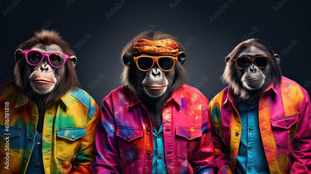 Group of funny monkeys with cool clothes and sunglasses on a dark background. Ai generative