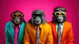 Group of monkeys in a colorful suit and sunglasses on a pink background. Ai generative