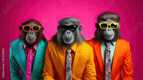 Group of monkeys in a colorful suit and sunglasses on a pink background. Ai generative © mariof