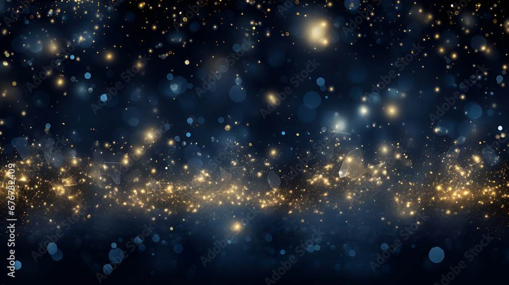Christmas and New Year winter festive background. Yellow scattering of stars and glowing blue circles of different sizes on dark blue blurred bokeh background with copy space for text.