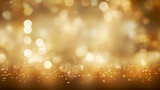 Abstract winter festive background. Gold glowing highlights of different sizes on dark yellow blurred bokeh background with copy space for text. The concept of Christmas and New Year holidays.
