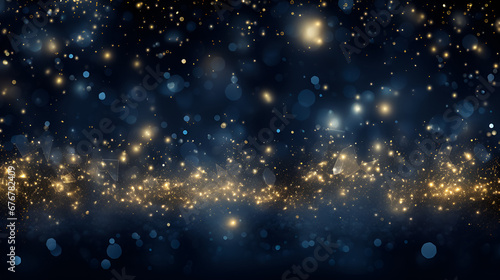 Christmas and New Year winter festive background. Yellow scattering of stars and glowing blue circles of different sizes on dark blue blurred bokeh background with copy space for text. photo