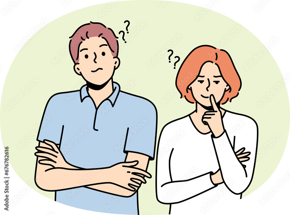 Young woman, man stand side by side in disbelief. Young woman, man stand side by side in disbelief.