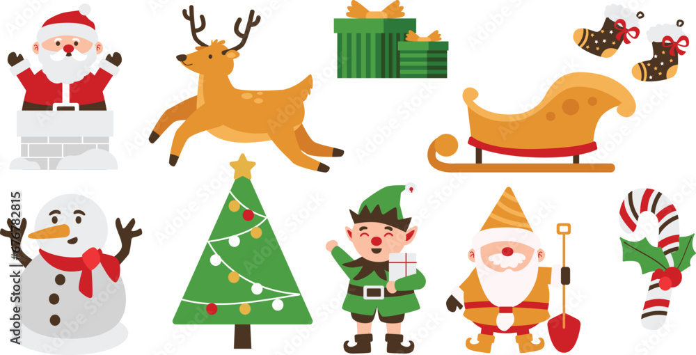 Christmas Vector Characters Set. santa claus, gift, stocking, sleigh, reindeer, candy cane, dwarf, elf, tree, snowman. cute christmas character, christmas element, Vector Illustrations. Christmas Vector Characters Set. santa claus, gift, stocking, sleigh, reindeer, candy cane, dwarf, elf, tree, snowman. cute christmas character, christmas element, Vector Illustrations.