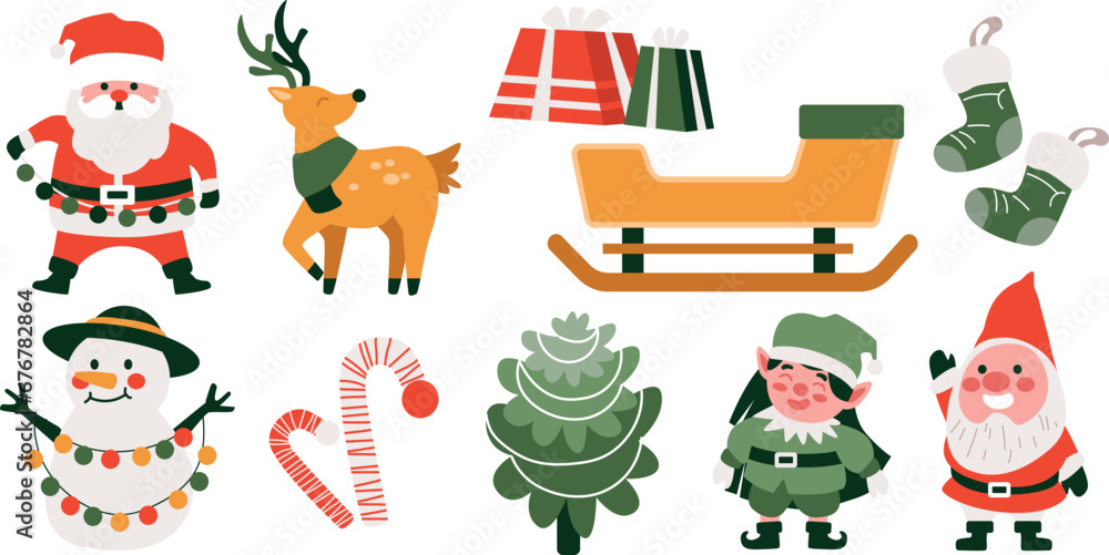 Fototapeta premium Christmas Vector Characters Set. santa claus, gift, stocking, sleigh, reindeer, candy cane, dwarf, elf, tree, snowman. cute christmas character, christmas element, Vector Illustrations.